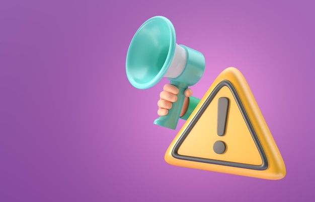 Photo warning sign with megaphone 3d illustration