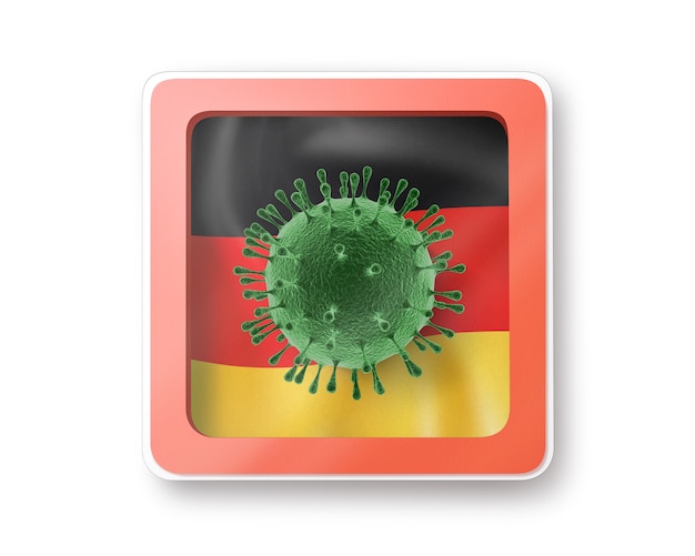 Warning sign with model of Coronavirus molecule on the German flag on a white , copy space. Rapid spread of Coronavirus, Covid 19 in the world. 3D illustration