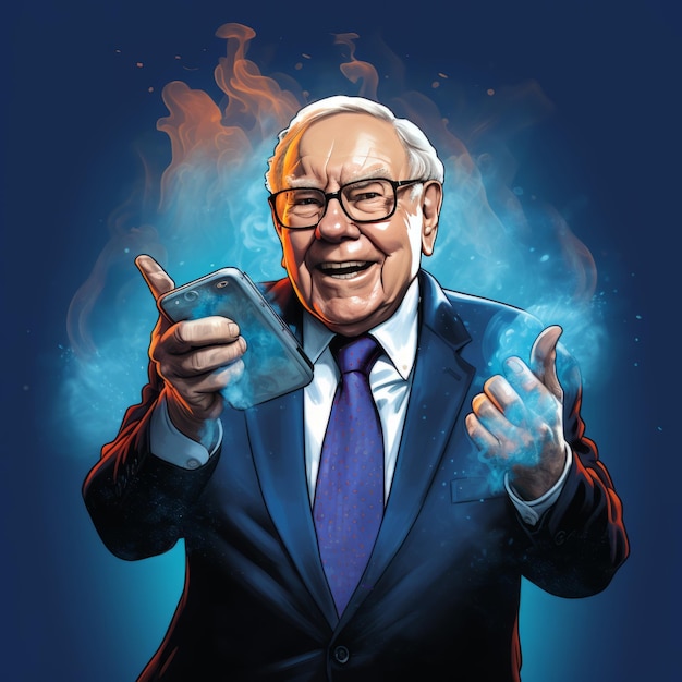 Warren buffet embracing technology in comic style holding an iphone with a vibrant blue background