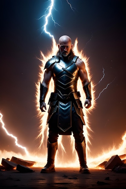 Photo a warrior amidst lightning and fire