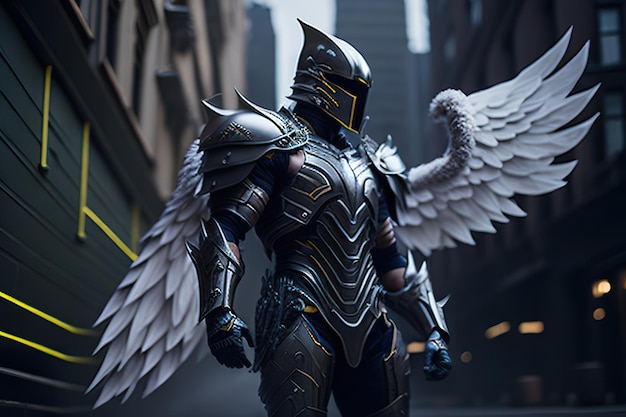 Рыцарь-ангел-воин в доспехах с распростертыми крыльями