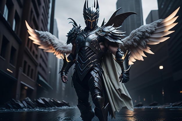 A warrior angel knight in a armor with wings spread out Generative Ai