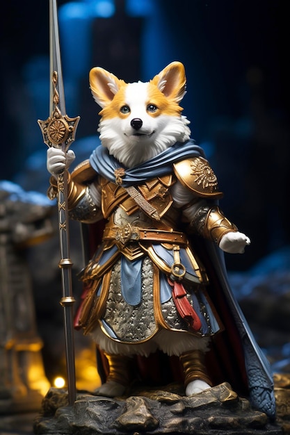 warrior antropomorphic corgi holding a sword and a shield high ornamented phthalo and golden armor