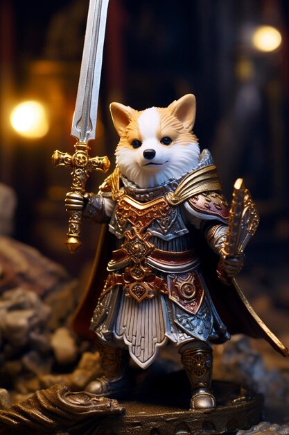 warrior antropomorphic corgi holding a sword and a shield high ornamented phthalo and golden armor