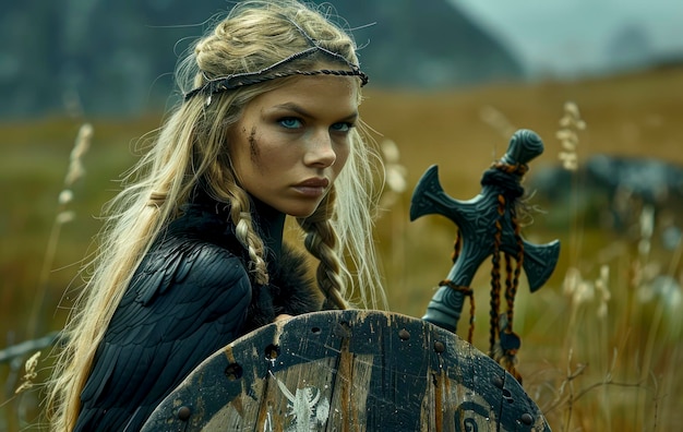 Warrior Goddess Stunning Viking Blonde with Shield and Sword Adorned with Braids