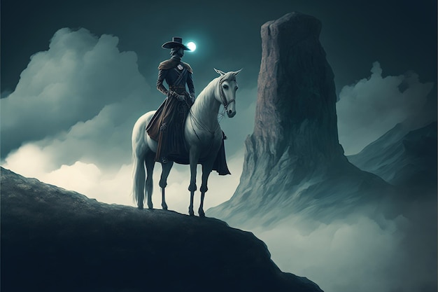 Warrior on the horse A knight with his horse standing on the dark skull cliff Digital art style illustration painting