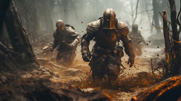Warrior in het bos middeleeuwse gevechtsscene selectieve focus