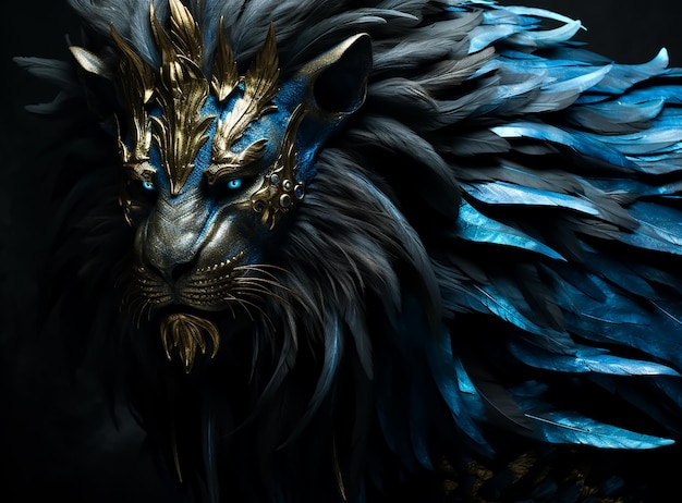 Warrior Lion King in gouden masker blauw en gouden bont geschilderd met koninklijke accessoires