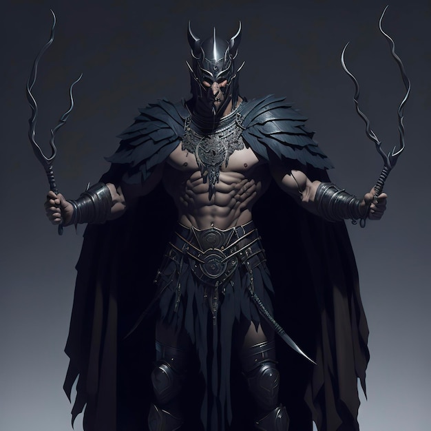 A warrior man with armor in front of a dark background