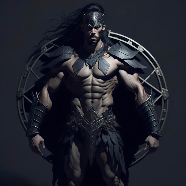 A warrior man with armor in front of a dark background