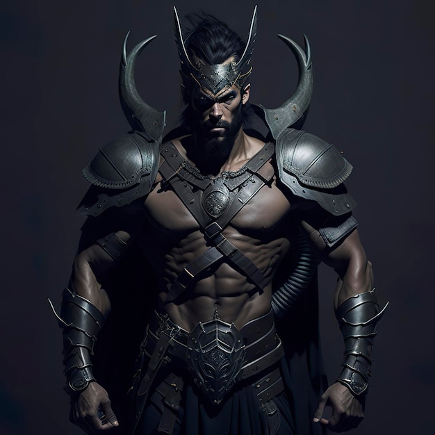 A warrior man with armor in front of a dark background