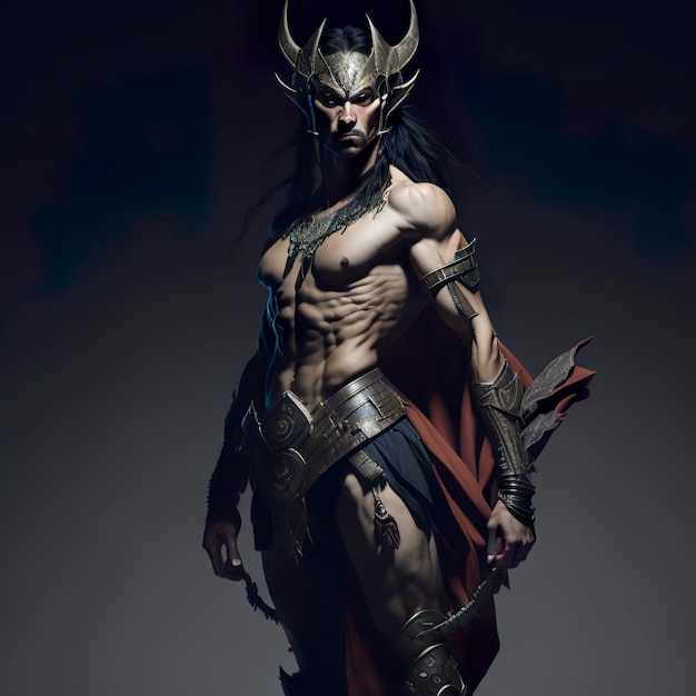 A warrior man with armor in front of a dark background