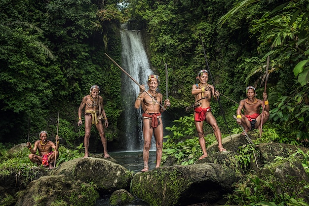 Warrior of Mentawai.The Indigenous inhabitants ethnic of the islands in Muara Siberut are also known as the Mentawai people. West Sumatra, Siberut island, Indonesia.