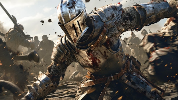 Warrior in metal armor fights in battle close view of medieval knight Soldier wearing iron helmet is on battlefield Concept of war action history warfare Middle Ages kingdom fantasy Generative AI