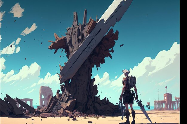 Warrior near the giant sword a warrior standing at the\
abandoned port and looking at the broken giant sword digital art\
style illustration painting