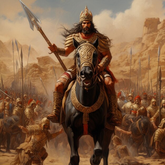 a warrior rides a horse with other soldiers in the background.