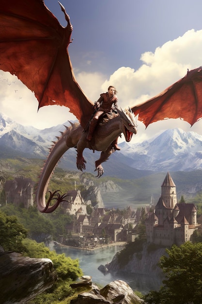 Photo warrior riding dragon over fantasy castle