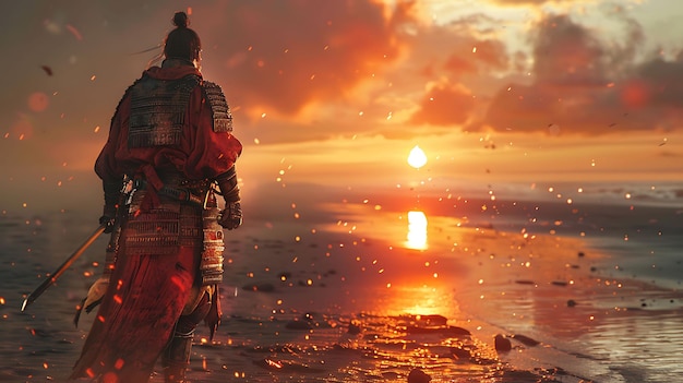 a warrior stands on a beach watching the sunset