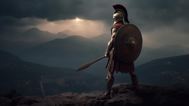 A warrior stands on a mountain with a shield on his head and looks out at the mountains.