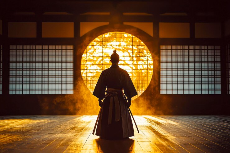 訓練中 の 戦士 サムライ が 伝統 的 な ドジョ で その 芸術 を 習得 し て いる