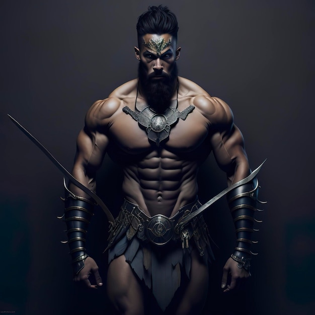 A warrior with armor in front of a dark background