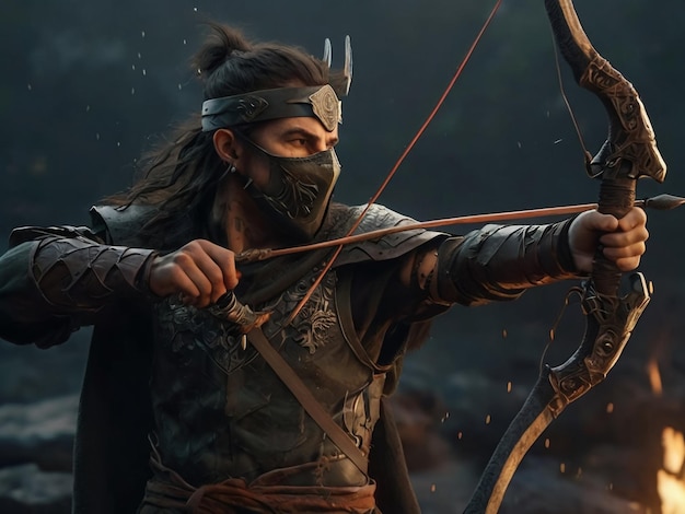 a warrior with a bow and arrow pointing to the right