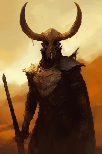 A warrior with large horns is standing