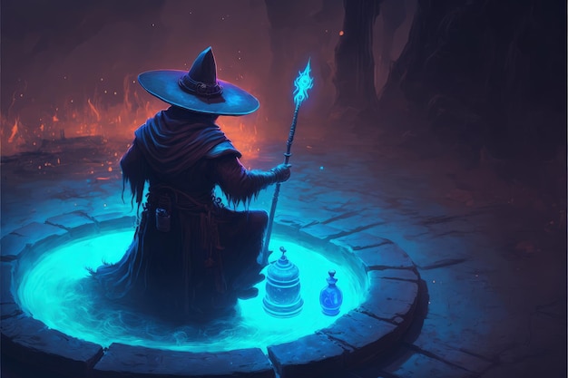 A warrior with magical abilities conjuring a spell with a brilliant blue light illuminating the ground Fantasy concept Illustration painting Generative AI