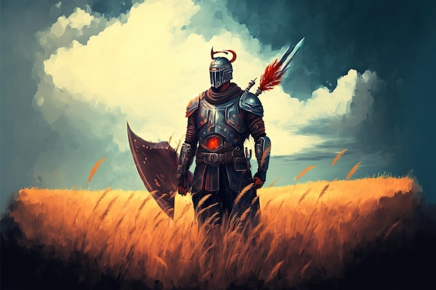 Warrior with the spear ancient warrior with the magic spear\
standing in the meadow digital art style illustration painting