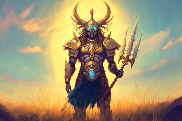 Warrior with the spear ancient warrior with the magic spear\
standing in the meadow digital art style illustration painting