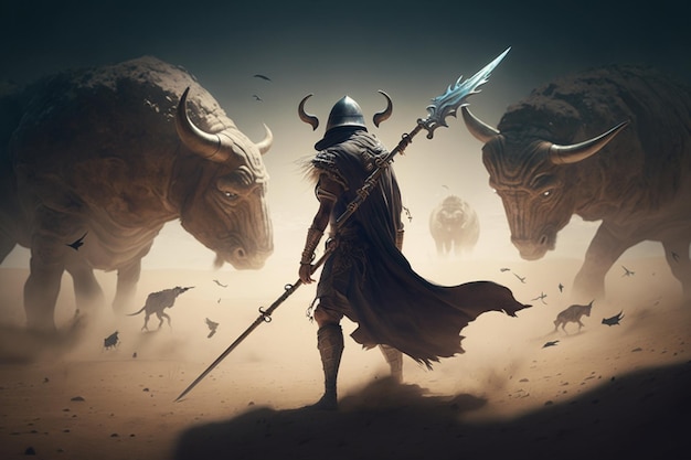 A warrior with a spear stands in front of three bulls.