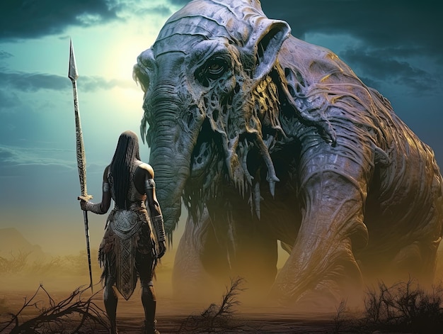 Photo a warrior with a sword and an elephant in the background