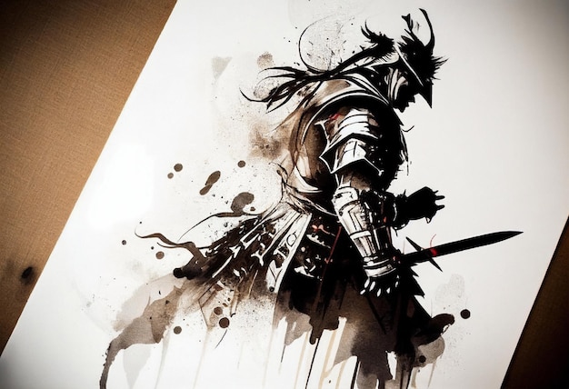 Воин с мечом и щитом на белом фоне Цифровая живопись Генеративный ИИ