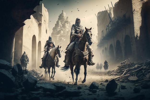 Warriors on horseback galloping through the rubble of a city brave Muslim soldiers prepared for battle