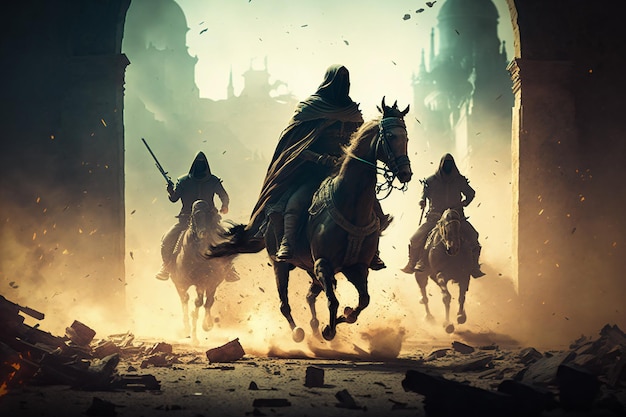 Warriors on horseback galloping through the rubble of a city brave Muslim soldiers prepared for battle