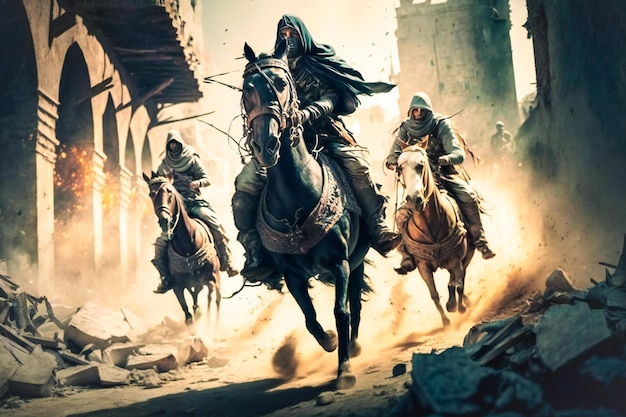 写真 馬に乗って街のがれきの中を疾走する戦士 戦いに備えた勇敢なイスラム教徒の兵士