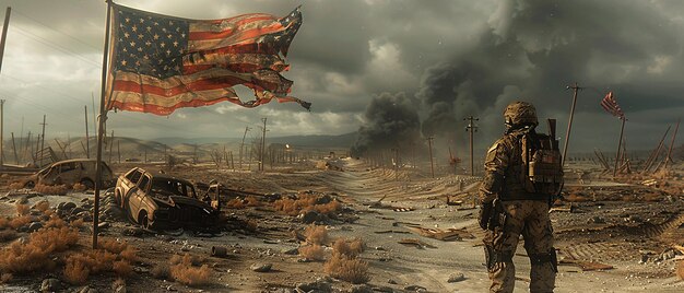 Photo warriors resolve standing before tattered flag