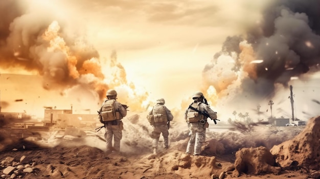 Warriors of the Sandstorm Soldiers in a Desert Battleground with Smoke and Fire Generated by AI