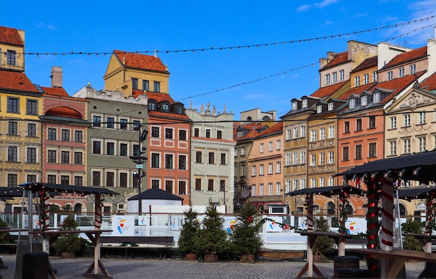 Warsaw poland february market square of the old town with christmas decorations at the end of winter