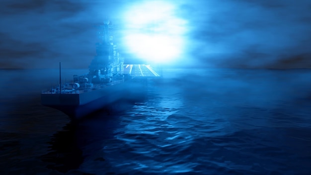 Foto nave da guerra nella nebbia con illuminazione blu