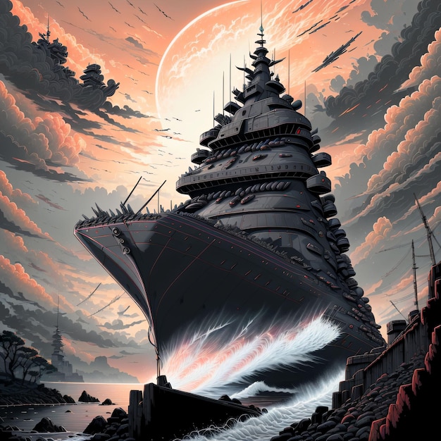 warship on sea art