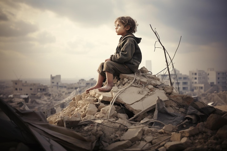 Photo a wartorn child sits atop the rubble of gaza war of palestine and israel generative ai