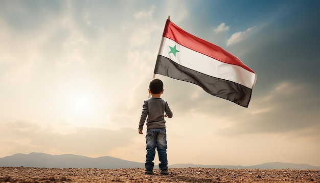 In the wartorn land of syria a young child stands proudly gripping the syrian flag