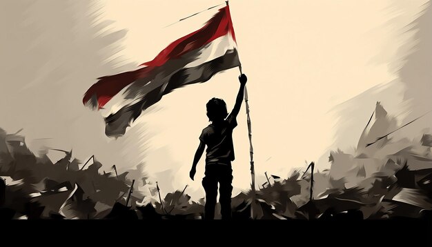 Photo in the wartorn land of syria a young child stands proudly gripping the syrian flag