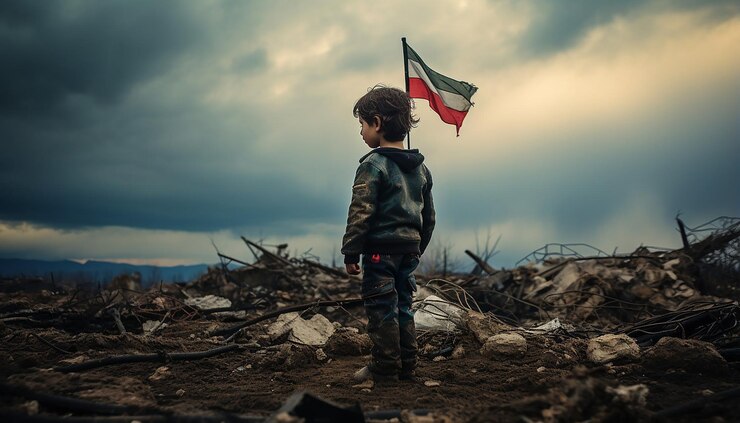 Фотография на разрушенной войной земле сирии маленький ребенок гордо держит сирийский флаг.