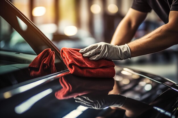 Photo wash the car with a blue rag