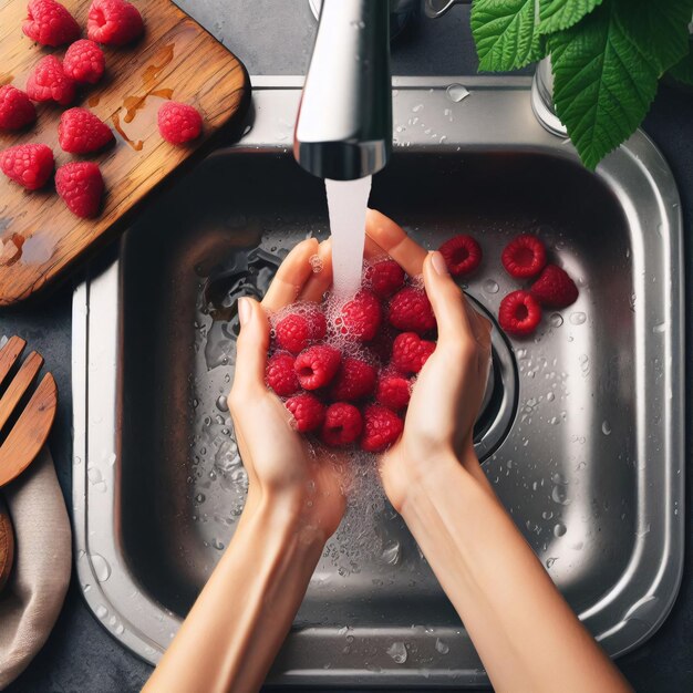 Photo wash raspberries by hand in the kitchen sink clean before eating