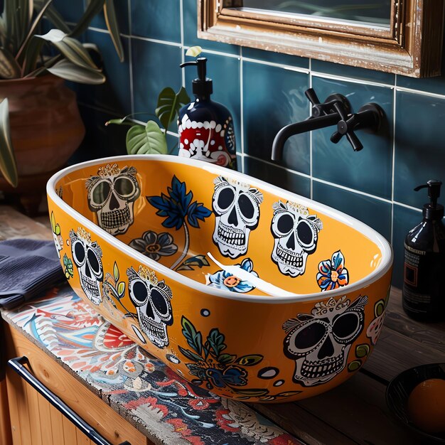 Photo washbasin lavabo mexican dia de muertos day of the dead watercolor border