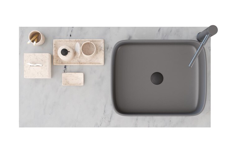 Photo washbasin mit faucet and cabinet isolated on white background top view cut out bathroom furniture modern sink modern interior design element cleanliness washing routine copy space 3d render