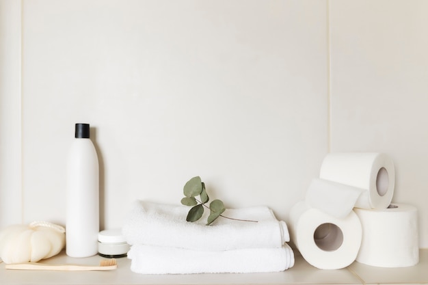 Washbasin in white bathroom with bath accessories. Hotel cleaning concept. Household concept. Washcloth, shampoo, cream, toilet paper, plant, toothbrush.